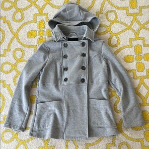 Stylish Gray Double-Breasted Coat with Hood. Sz L